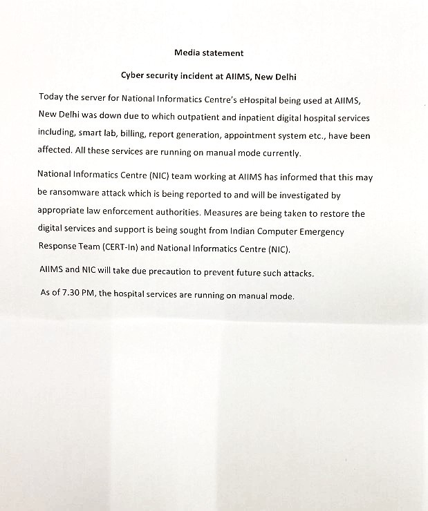 AIIMS Suffer Ransomware Attack AIIMS Suffer Ransomware Attack