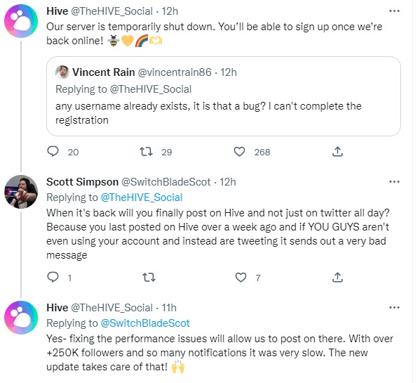 Hive team twitter reply