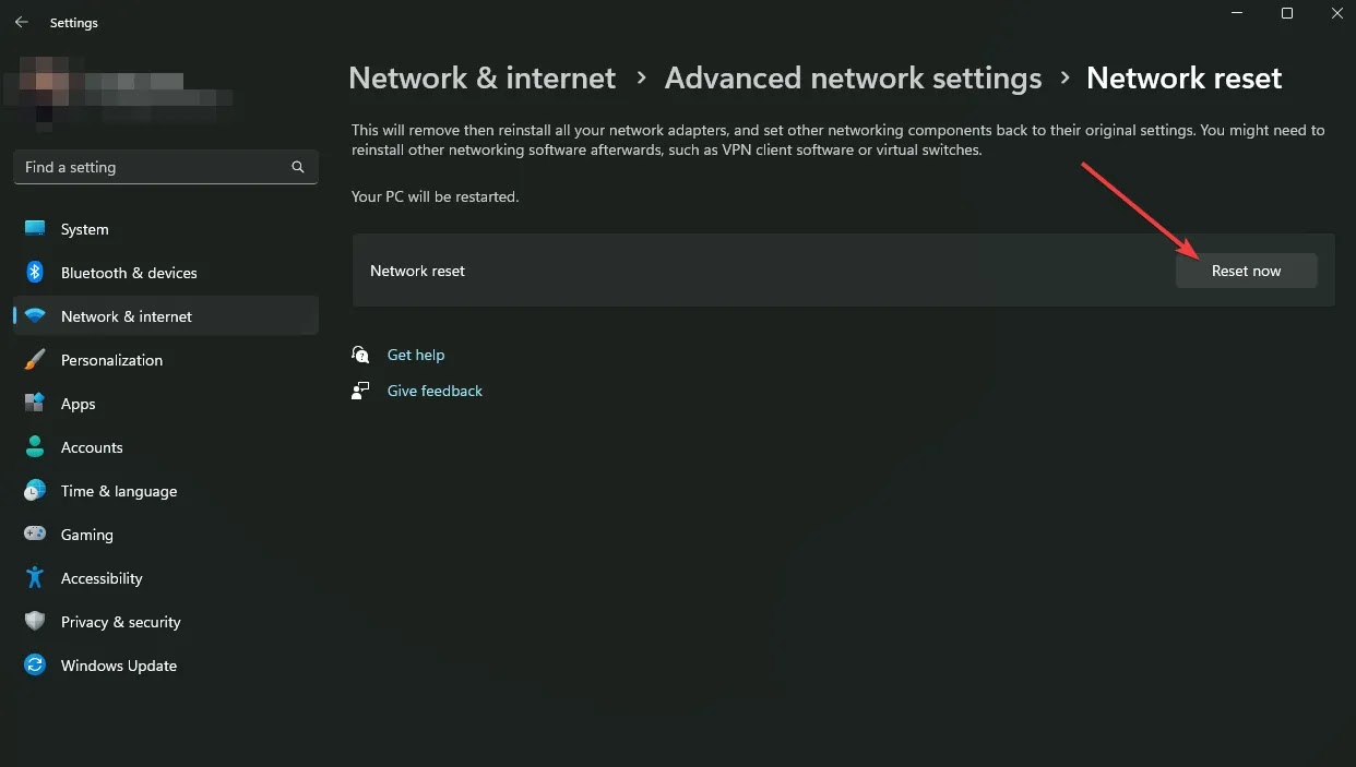 Network reset on windows