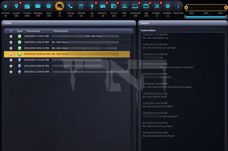 A screenshot of the Pegasus spyware interface being used to read Whatsapp messages. A screenshot of the Pegasus spyware interface being used to read Whatsapp messages.