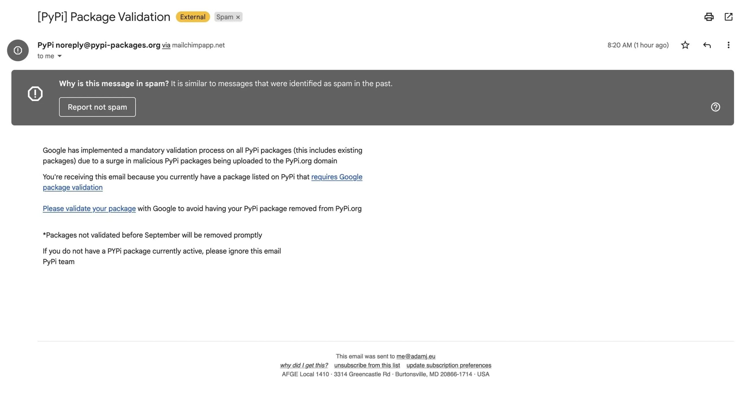 PyPI Phishing email PyPI Phishing email