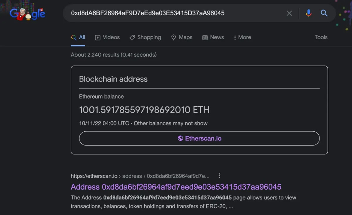 Search Eth Wallet address on Google