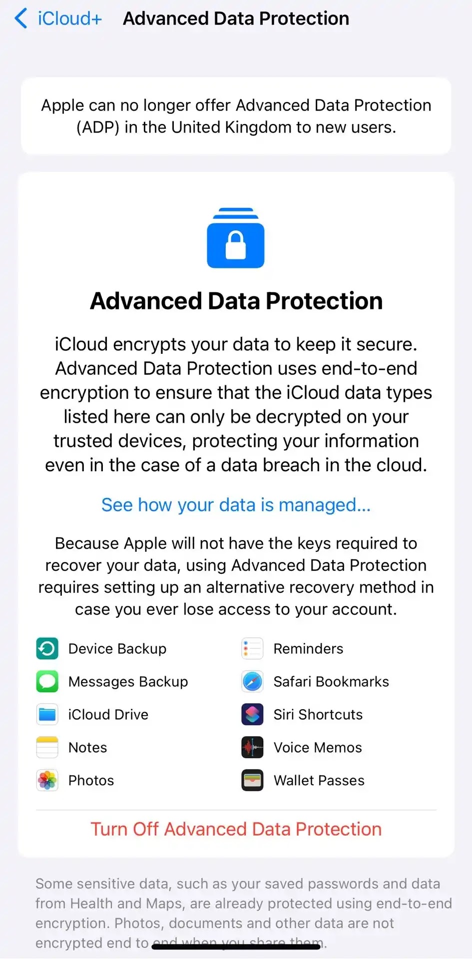 iCloud end-to-end encryption Removed