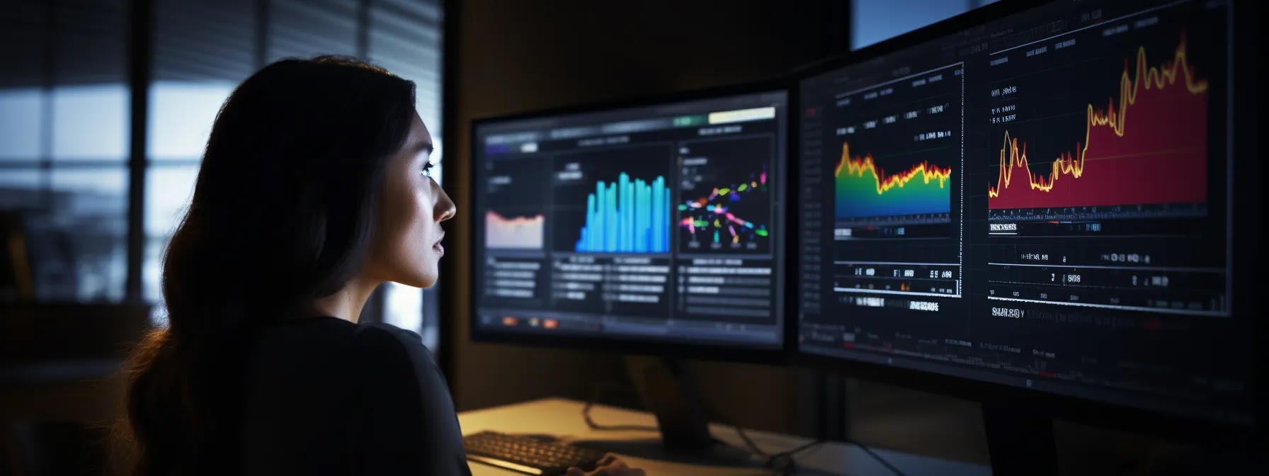 A business professional utilizing various types of dashboards across several computer monitors.