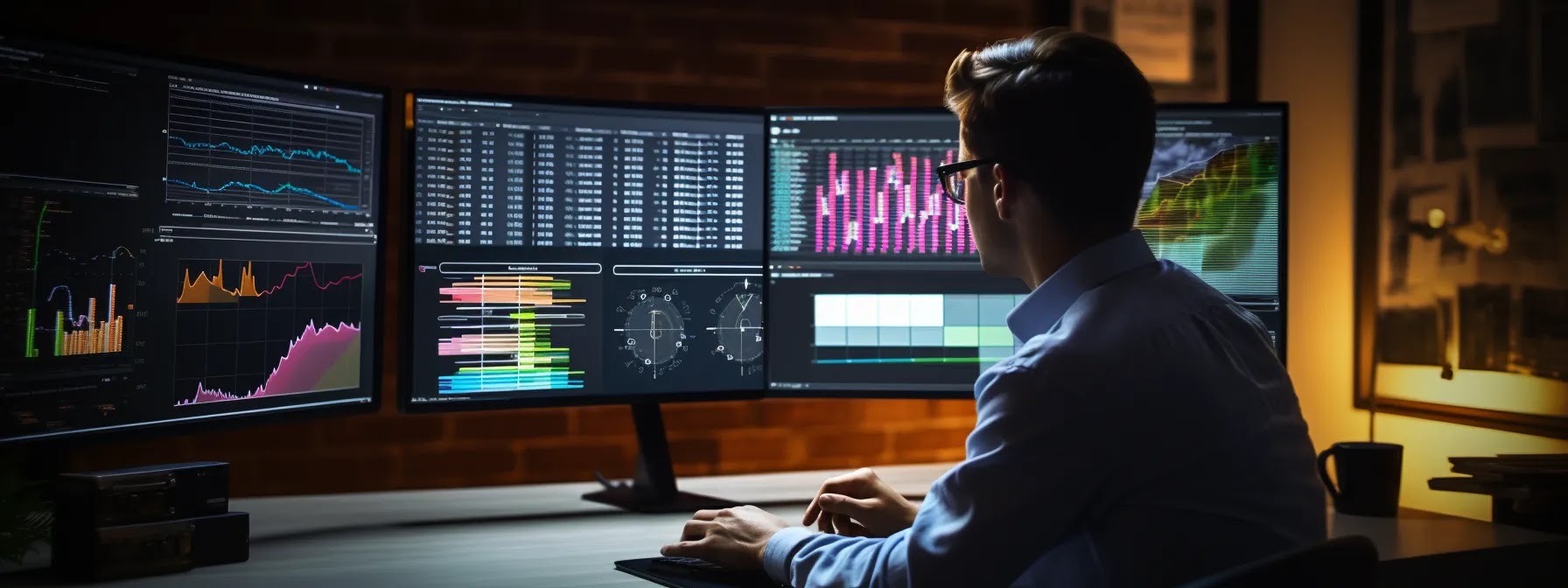A businesswoman using a performance analytics dashboard on a desktop computer.