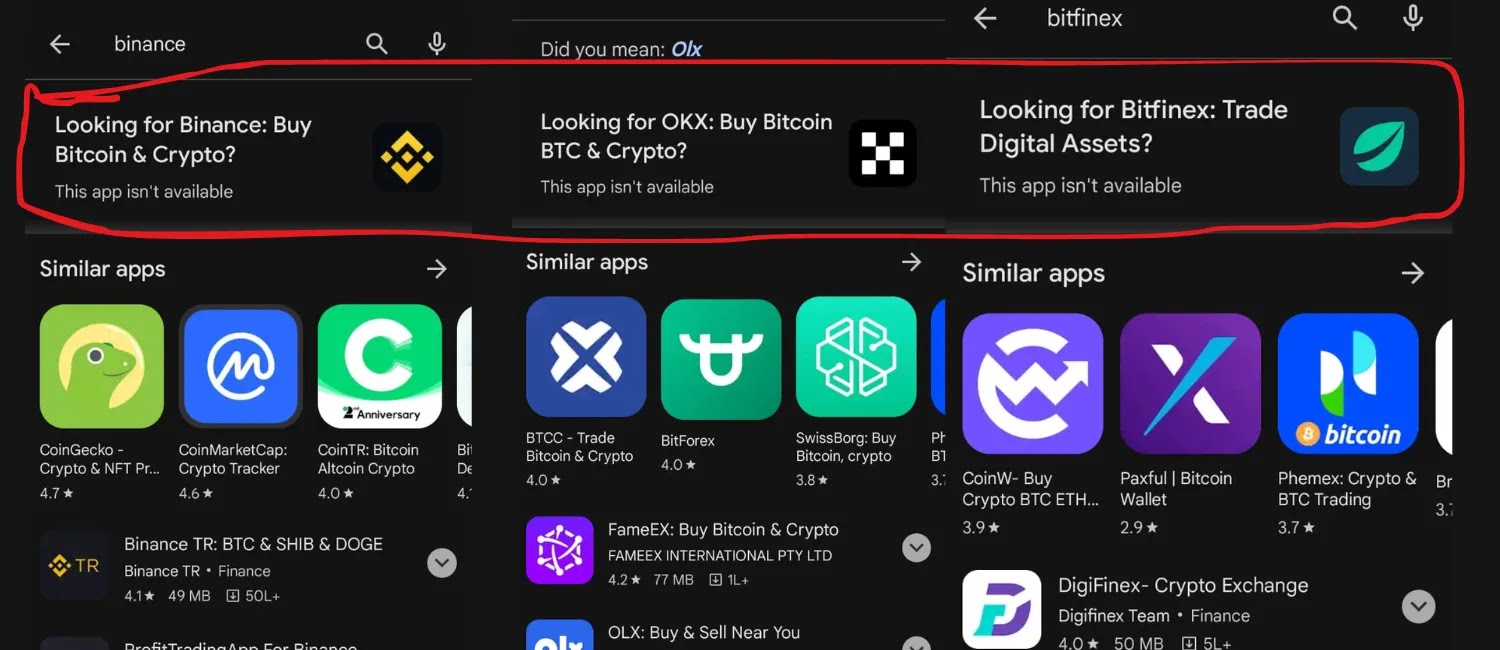 Binance, Kucoin, Huobi, OKX, Gate.io, Bittrex, Bitstamp, MEXC Global and Bitfinex App removed
