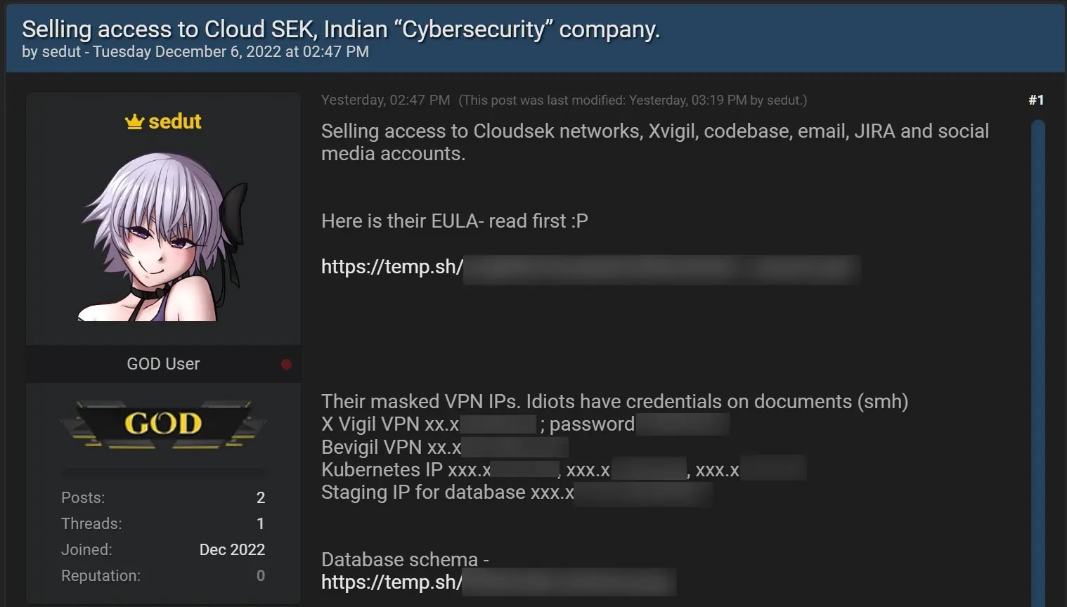 Hacker selling CloudSEK database