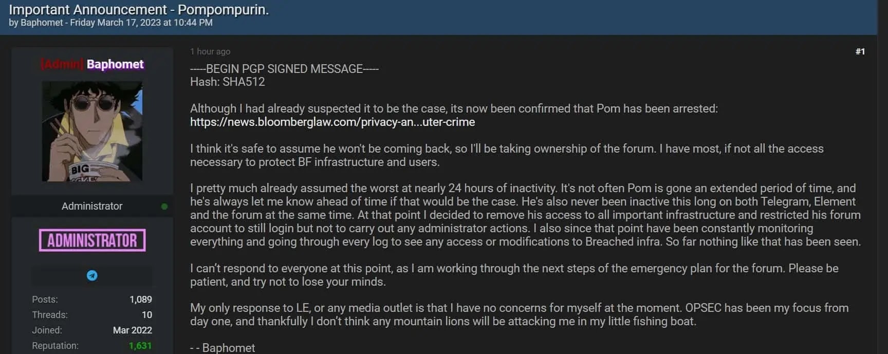 Baphomet took new admin place