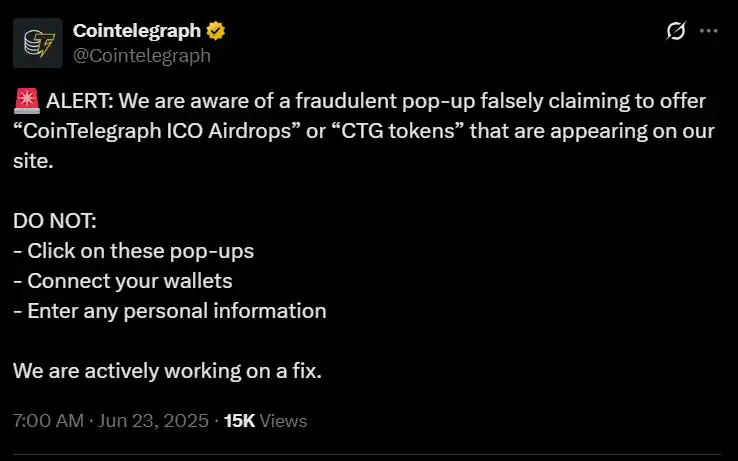 Cointelegraph's warning Cointelegraph's warning