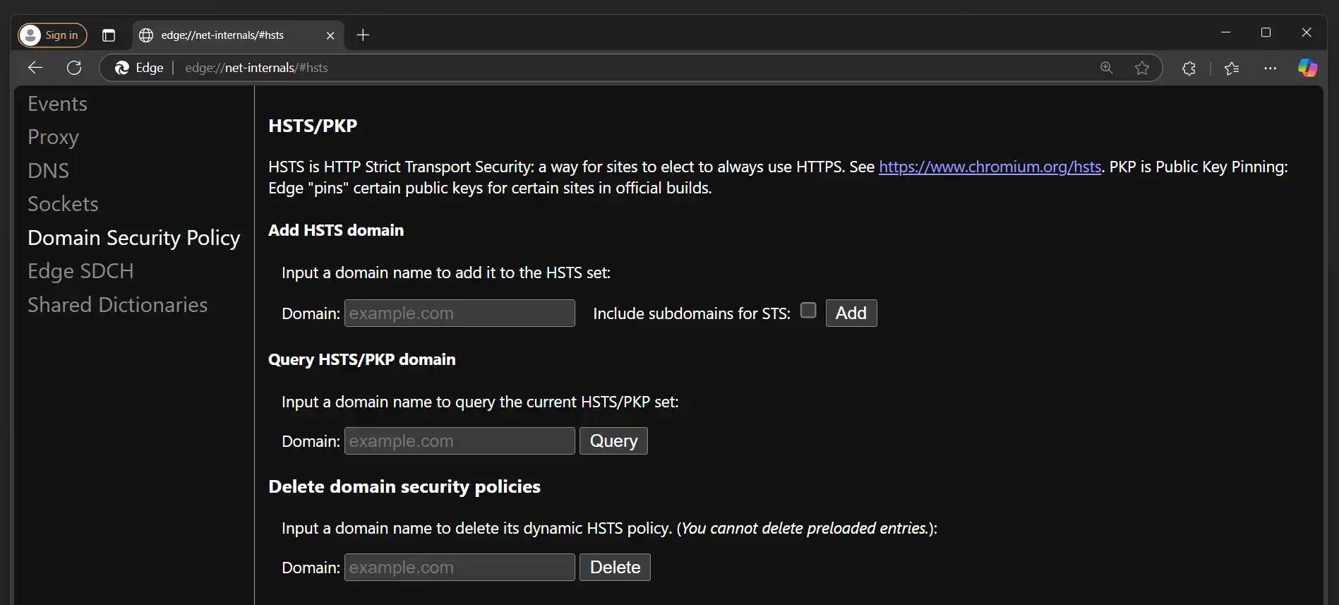 Clearing an HSTS policy in Edge. Clearing an HSTS policy in Edge.