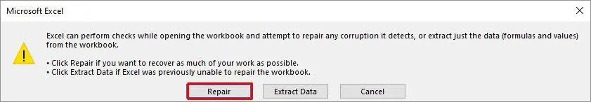 MS Excel repair dialog box MS Excel repair dialog box
