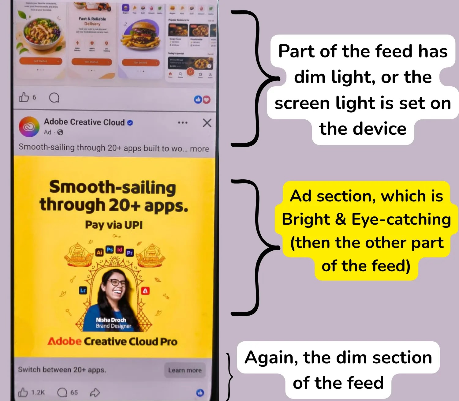 An ad in the Facebook feed rendering brighter than the posts around it.