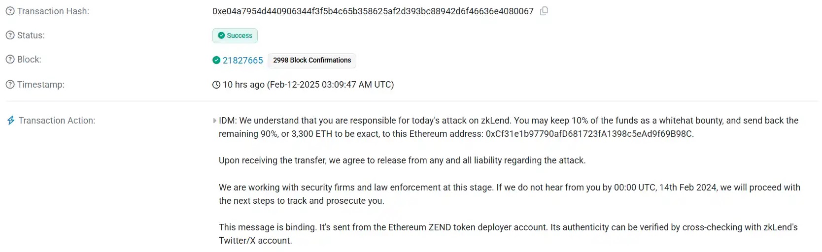 Zklend offers hacker